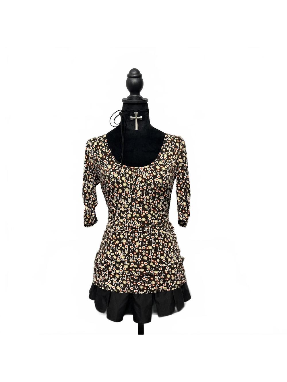 Y2K HKR Sz S/M 3/4 Sleeve Floral Scoop Neck Top With Tie Waist 2000s Coquette